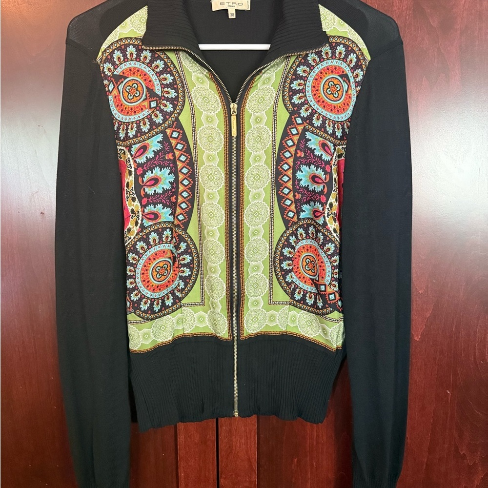 Etro Bomber Silk Jacket Black and Green with Ornate Embroidery